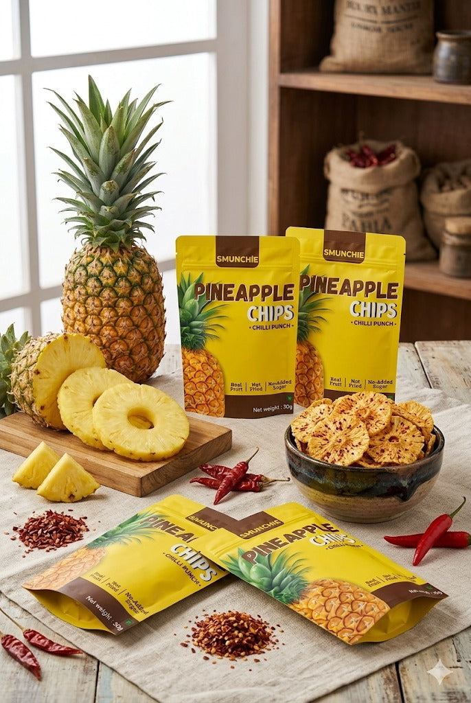 4 Pack Combo Pineapple Chips | Chilli Punch flavor | 30gm Each | Oil, Sugar, Preservatives Free.